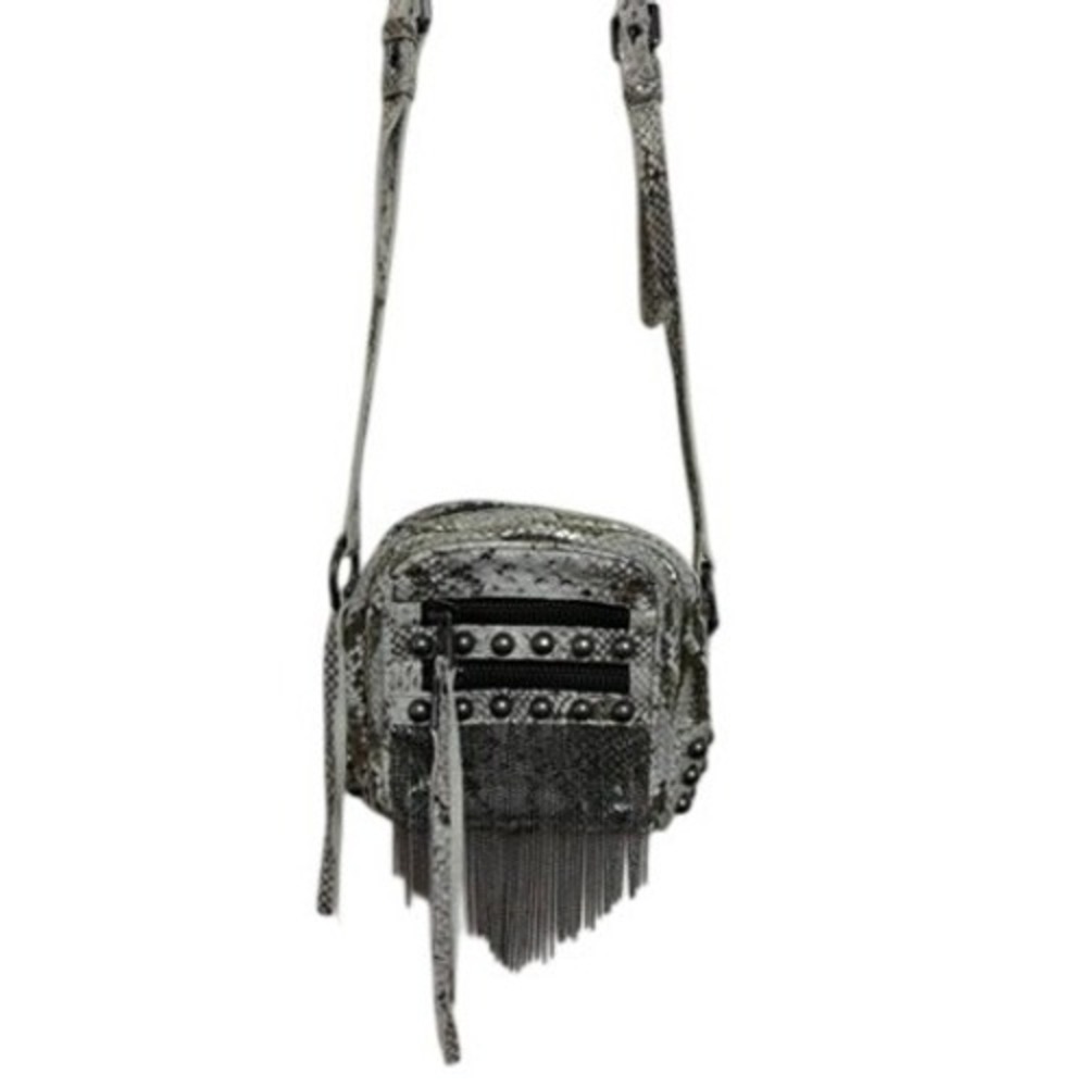 Ash Snakeskin Embossed Leather Crossbody Bag Grey Gunmetal Rivets Fringe